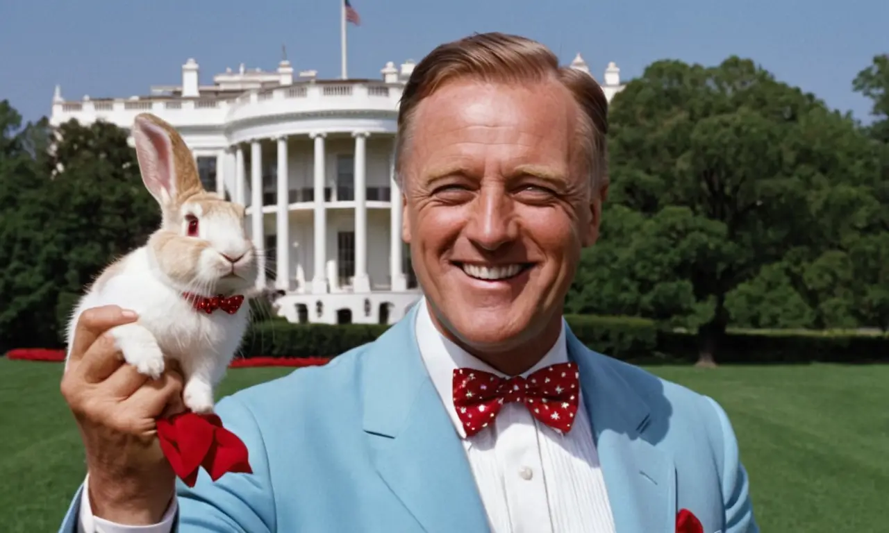 Un conejo con lazo rojo se acerca a un Roosevelt sonriente