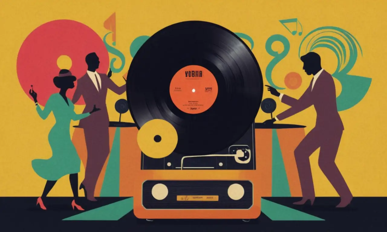 Arte de portada de álbum con estética vibrante y retro